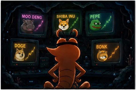 Deep in a dark cave, Kr1ll Elon watches meme-coin charts — Moo Deng, Shiba Inu, Pepe, Doge and Bonk — climbing on a wall of glowing monitors.