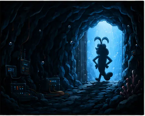 His silhouette stands at the cave doorway, antennae raised, staring out into the bright blue water.