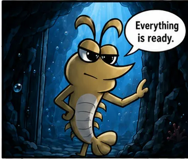 A golden krill ally smirks and reports: “Everything is ready.”