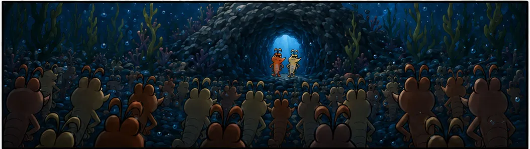 At the cave mouth, the two leaders face a gathered swarm of thousands of krill stretching into the dark.