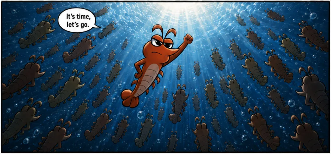 The Krillion leader swims toward the sunlight ahead of the entire swarm: "It’s time, let’s go."